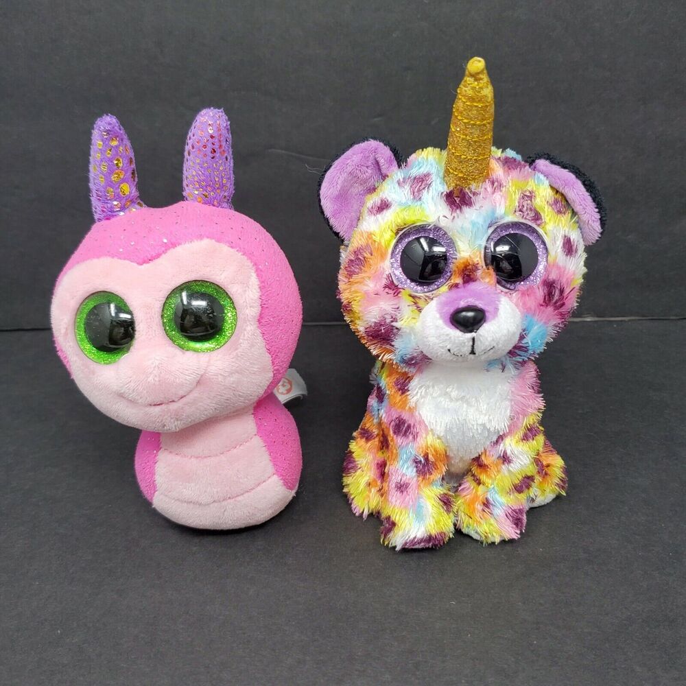 Lot of 2 TY Beanie Boos Glitter Eye 6" Snail Unicorn Scooter Giselle Pink Purple